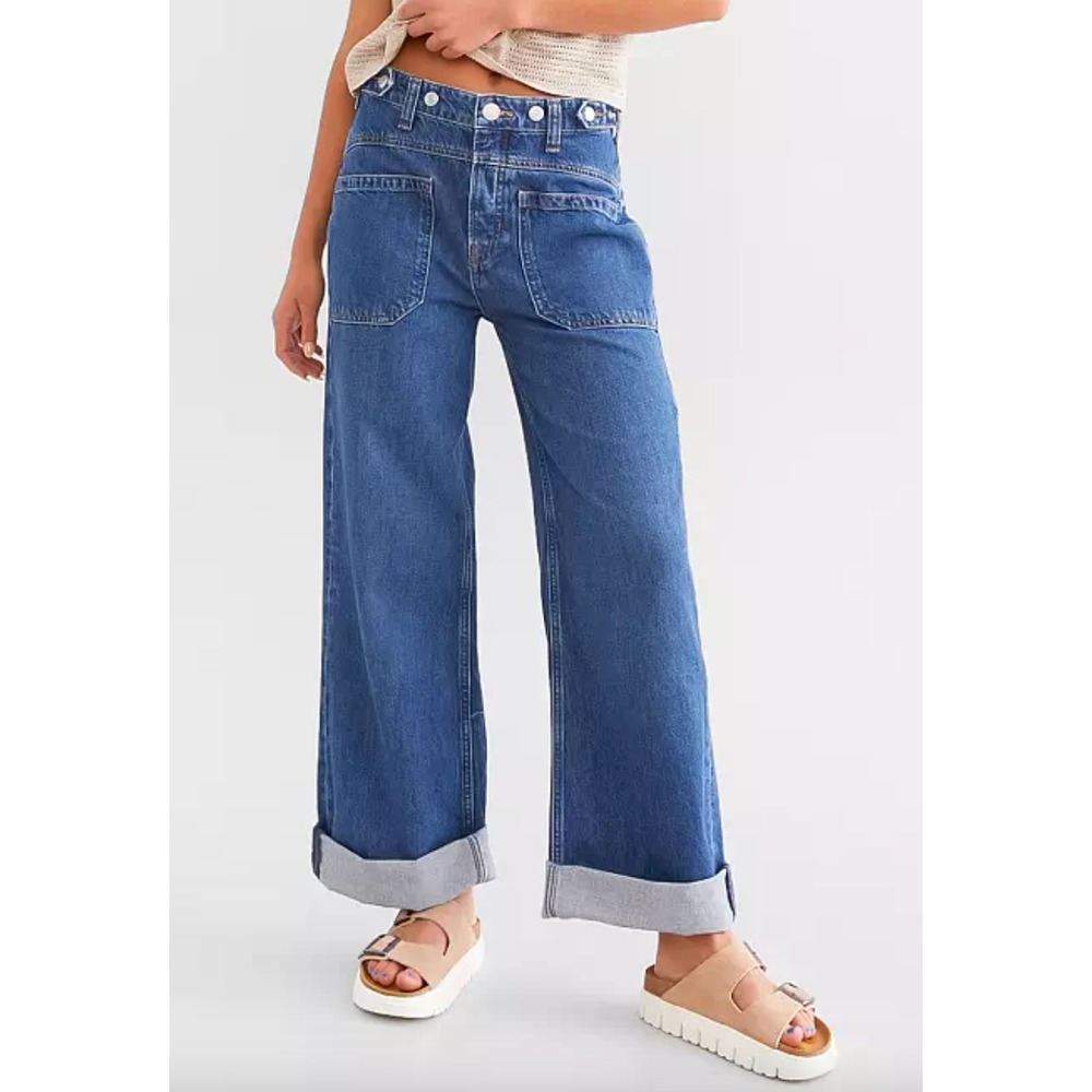 We The Free Palmer Cuffed Jean Wide Leg High Rise Blue Denim Pants Size 27